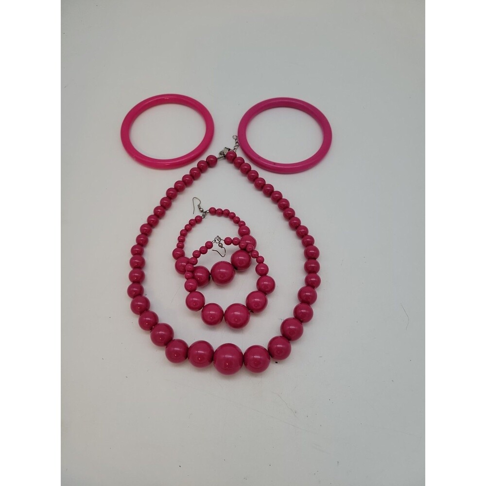 1980s Fuschia Pink Necklace Bracelet Earring Set Vtg Statement Costume